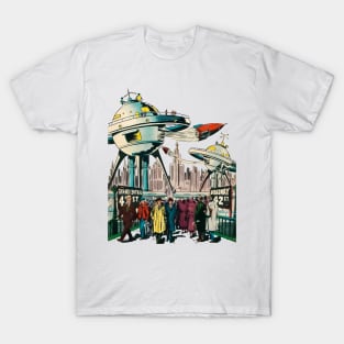 City Futuristic Buildings Crowd Space Rockets Retro Comic Vintage Cartoon T-Shirt